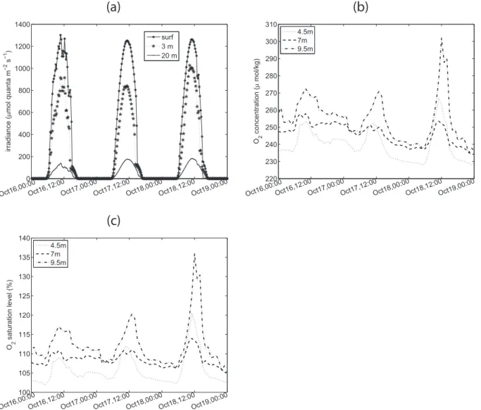 Fig. 3.Irradiance (a), dissolved O 2 concentration (b), and saturation level (c) at various depths over the P
