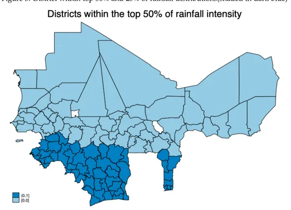 Figure 3: District within top 50% and 25% of rainfall distributions(shaded in dark blue)