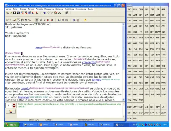 Fig. 4. Le logiciel Markin pour annoter des rédactions, avec à droite la barre de boutons ER 
