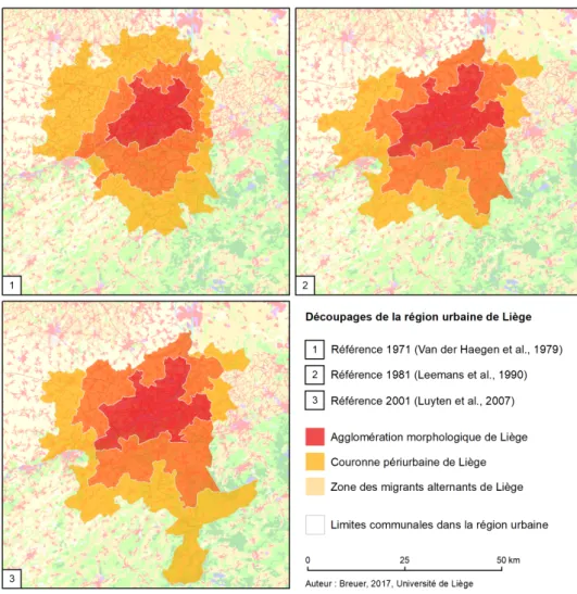 Figure 2. Découpage de la région urbaine fonctionnelle de Liège en 1971, 1981 et 2001