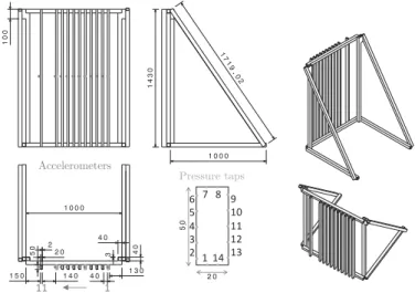 Fig. 4. Drawing of the grid model: top, side, front and axisymmetric views, locations of accelerometers, pressure taps and cylinders numbering, dimensions in mm