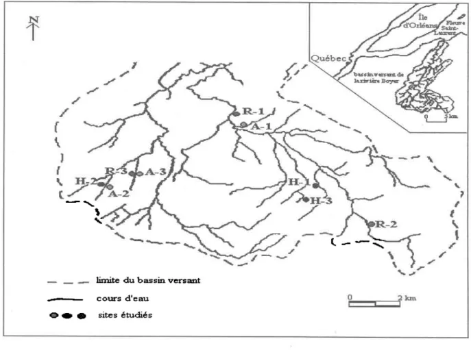 Figure  3.1  Localisation des sites (A: zones arbustives;  H: zones  herbacées;  R: zones  rases).