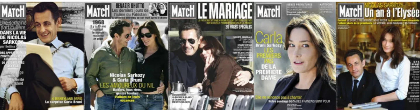 Illustration 20: Paris Match (dans l'ordre) : n°3057 (12/07), n°3059 (01/08), n°3064 (02/08), n°3065 (02/08), n°3077 (05/08)