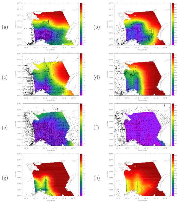 Figure 4. Average relative error for temperature at the Barents Sea surface between 1994–1998 (left column) and 2006–2010 (right column) between 1994 and 1998
