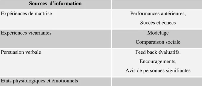Tableau 1 : Sources d’information déterminant le SEP  