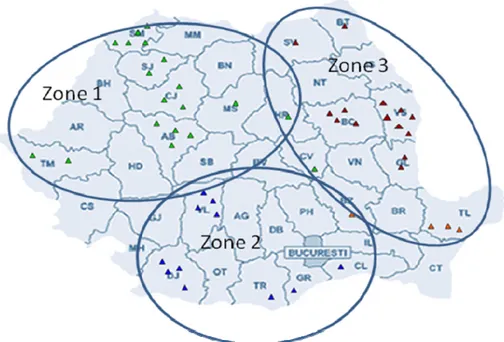 Figure 1. Geographic origin of investigated acacia honey samples (Green triangle – Zone 1; Blue  triangle – Zone 2; Red triangle – Zone 3 of sample harvesting)