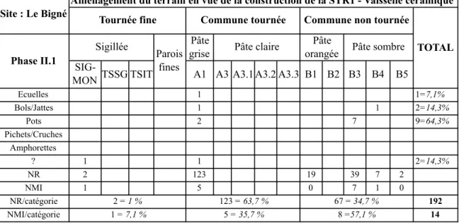 Tableau 1 : Répartition des individus céramiques (NMI) par catégorie de pâte et par  forme associés l’aménagement du terrain 