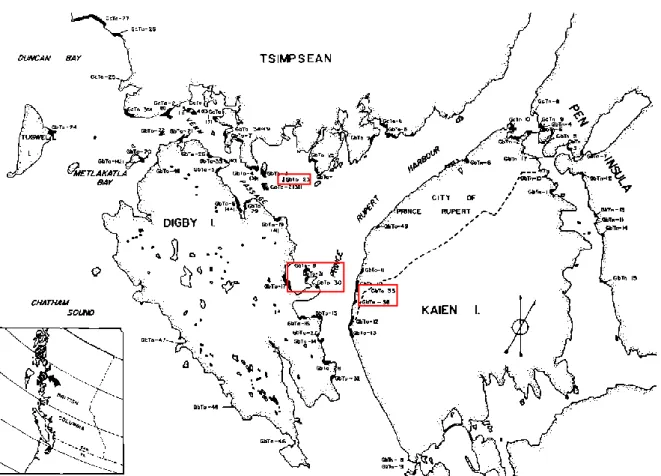 Figure 9 : Localisation des sites archéologiques de Prince Rupert Harbour (Colombie-Britannique, Canada) extraite de « An  Overwiew of the North Coast Prehistory Project (1966-1980) par George F