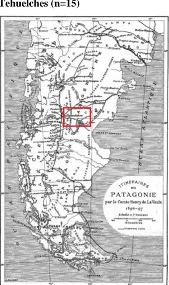 Figure 15 : Carte de l’itinéraire en Patagonie parcouru par le Comte Henry de la Vaulx (1897) 