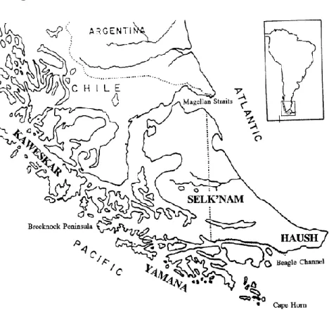 Figure 16 : Répartitions des tribus amérindiennes en Terre de Feu, Patagonie (Hernández, 1997) 