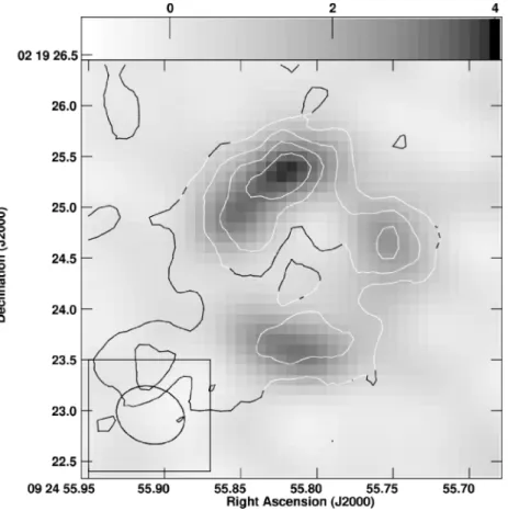 Figure 3. ALMA image (greyscale) of the integrated CO(5–4) emission with VLA radio contours overplotted