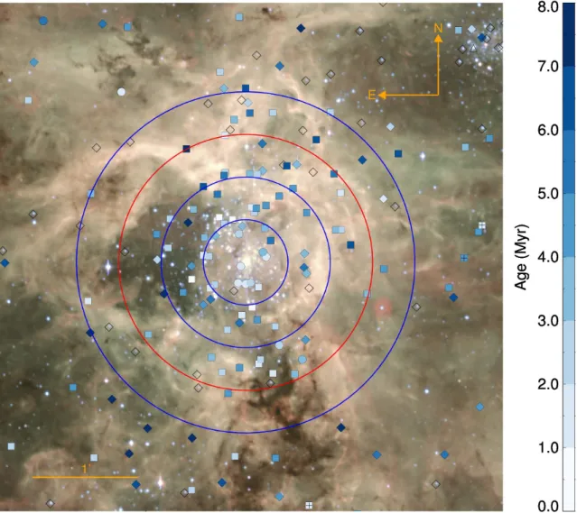 Fig. 4. As Fig. 2 but zoomed into the NGC 2070 region around the R136 star cluster. To guide the eye, we show four circles centred on R136 with radii of 0.4 (6), 0.8 (12), 1.2 (18) and 1.6 arcmin (23 pc)