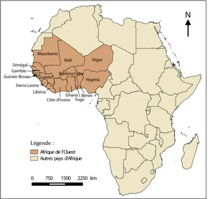Figure 1 : Localisation de l'Afrique de l'Ouest, définie ici par les 15  pays  membres  de  la  Communauté  Économique  des  États  de  l'Afrique  de  l'Ouest  (CEDEAO)  en  2015  (sauf  le  Cap  Vert  et  Mauritanie comprise)