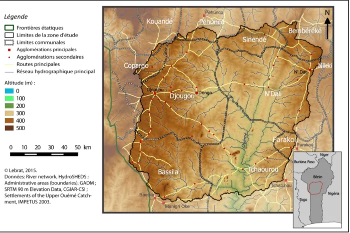 Figure 4 : Localisation du site méso-échelle de la Haute Vallée de l'Ouémé au Bénin, et présentation des principales  caractéristiques physiques et administratives du site