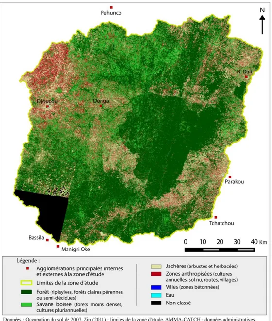 Figure  7  :  Occupation  du  sol  de  la  Haute  Vallée  de  l'Ouémé  en  2007,  d’après  des  classifications  établies  à  partir d’images SPOT