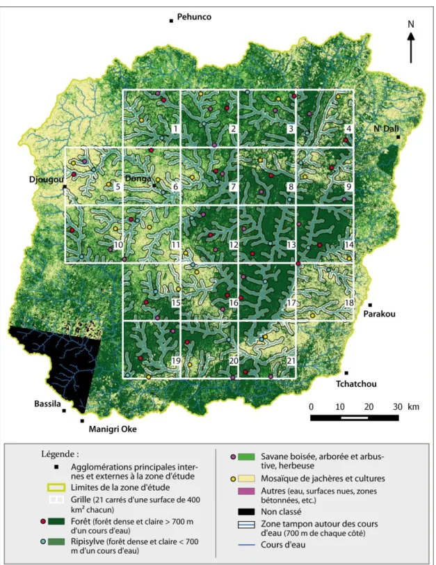 Figure 9 : Représentation des points d'extraction propres à chaque formation végétale et de la grille d’analyse  mise en place au sein de la zone d'étude