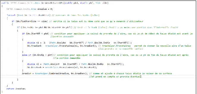 Figure 13 : Fonction commentée de calcul de surface codé en C# 
