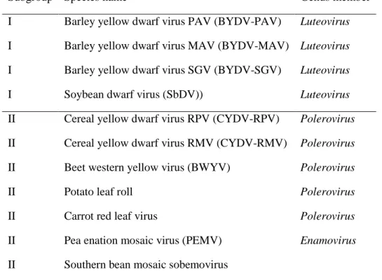 Table 3 Genus subgroup of Barley Yellow Dwarf Virus – Sous-groupe de virus de la  jaunisse nanisante de l’orge 