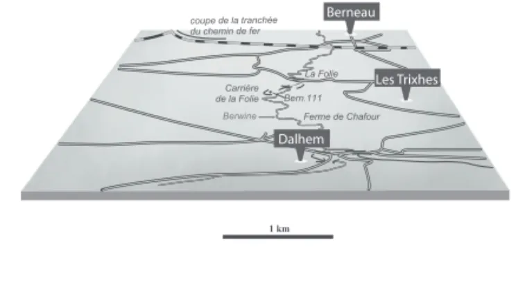 Fig. 4. Localisation des coupes de la tranchée de Berneau et de la vallée  de la Berwinne (d'après p oty , 1982).