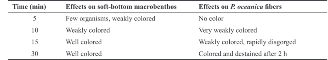 Table 2: Staining time (min) of eosin and observed effects on soft-bottom macrobenthos and on P