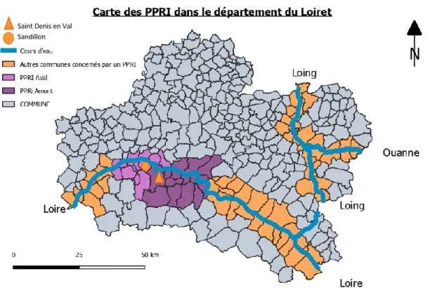Figure 3 : Carte des plans de prévention des risques d'inondation dans le département du Loiret, Auteur Pauline DEVAUX