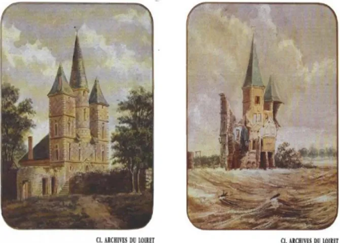 Figure 4 : château de l’Isle avant et après la brèche de  1866 (Source : Archives du Loiret)