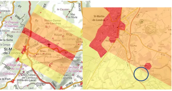 Figure 13 : Carte des restrictions de vol sur notre zone d’essai, échelle non définie, issue du site Géoportail