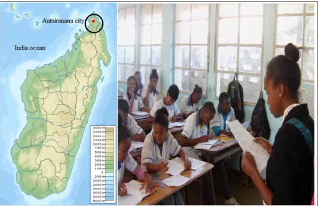 Fig. 1. Map of the place of study (left) and photos of an example of investigated school (right).