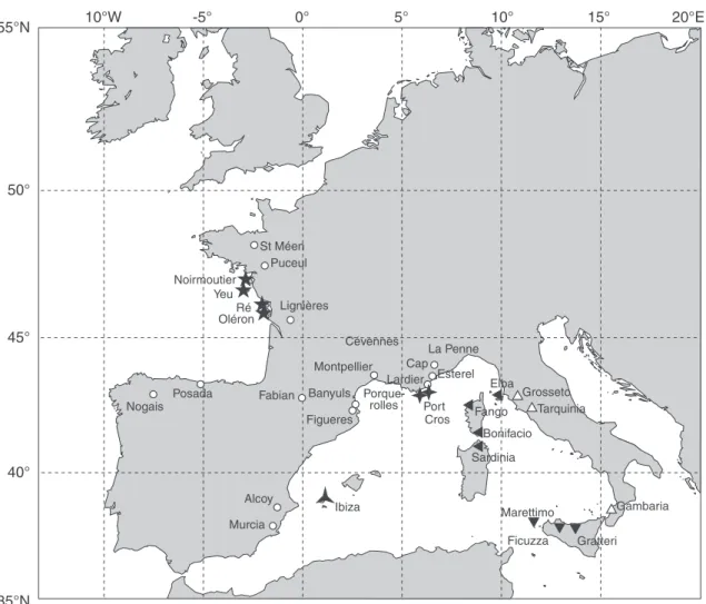 Figure 1 Sampling localities of the animals considered in the present study. Open symbols: mainland (circles, western European clade;