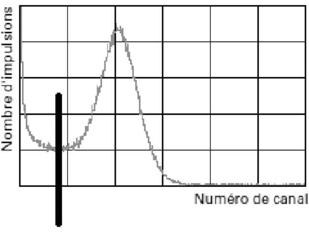 Figure 3 : Pic du photoélectron unique et zone d’ajustement du seuil du discriminateur  [4] 
