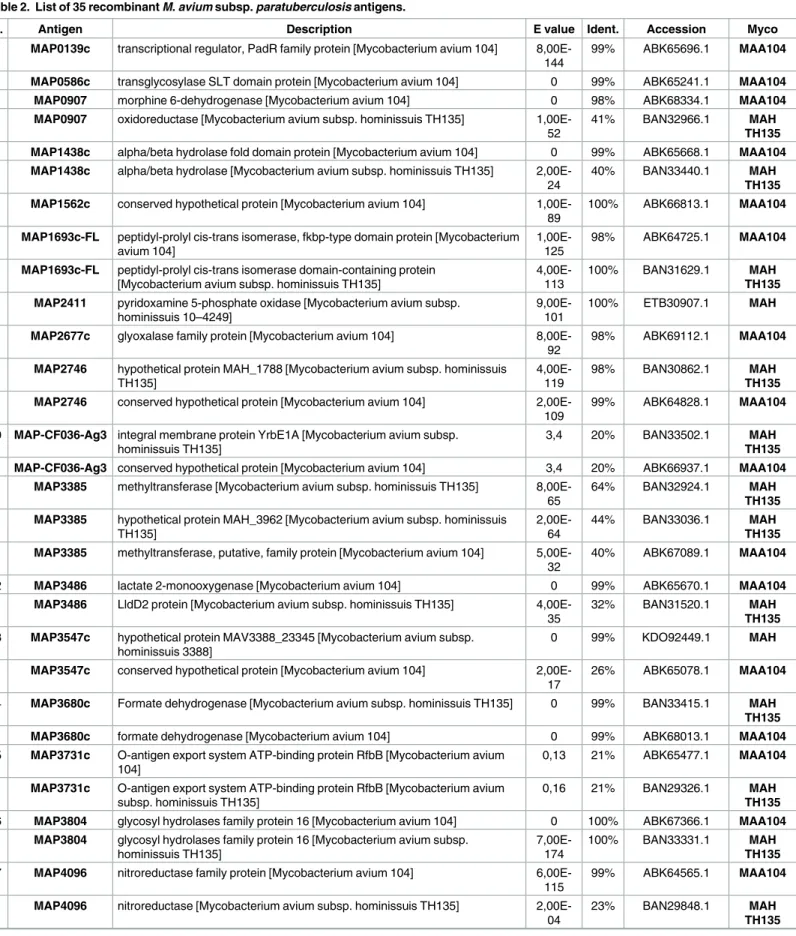 Table 2. List of 35 recombinant M. avium subsp. paratuberculosis antigens.