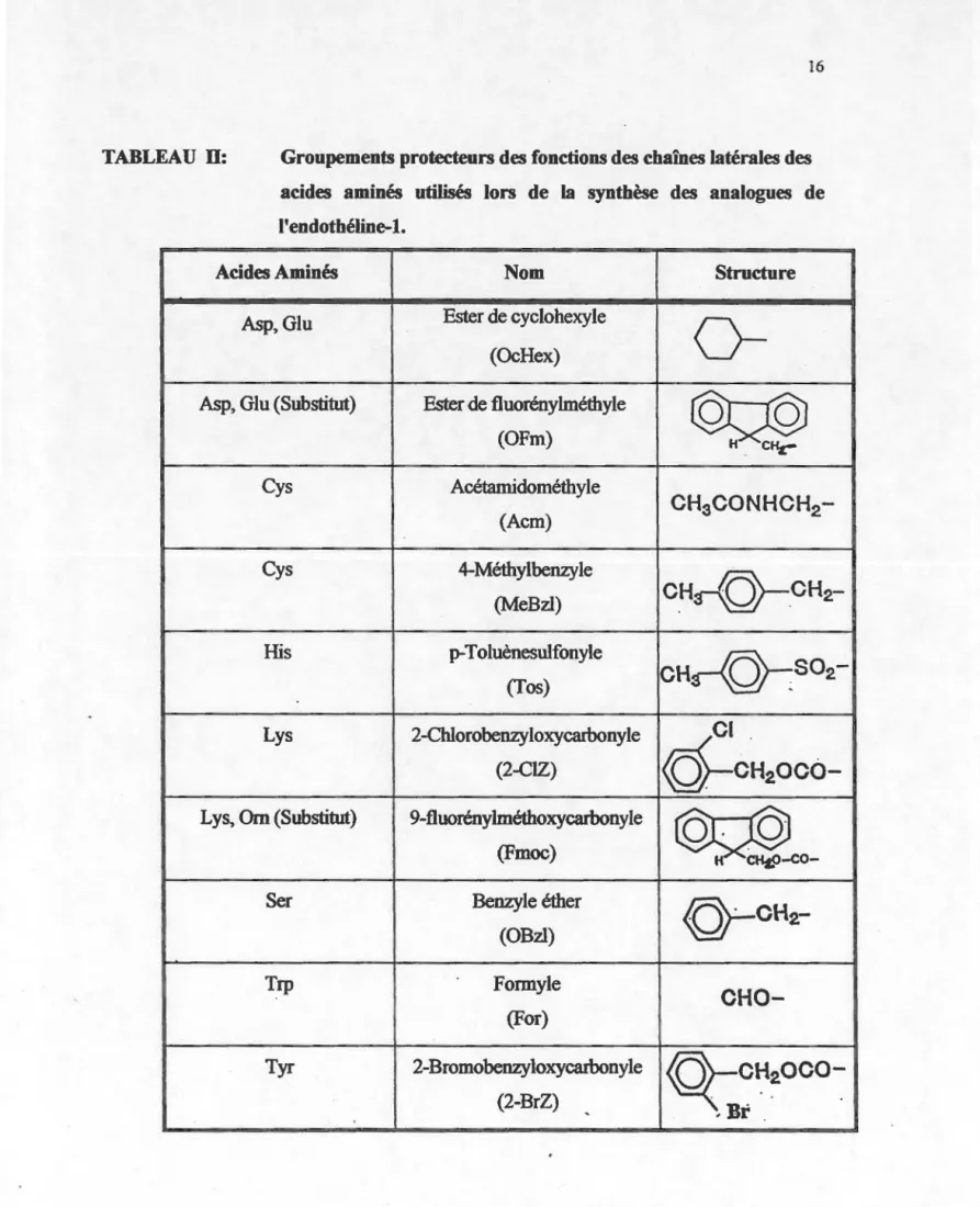 TABLEAU  ll:  Groupements protecteurs des fonctions des chaînes latérales des  acides  aminés  utilisés  lors  de  la  synthèse  des  analogues  de  l'endothéline-1