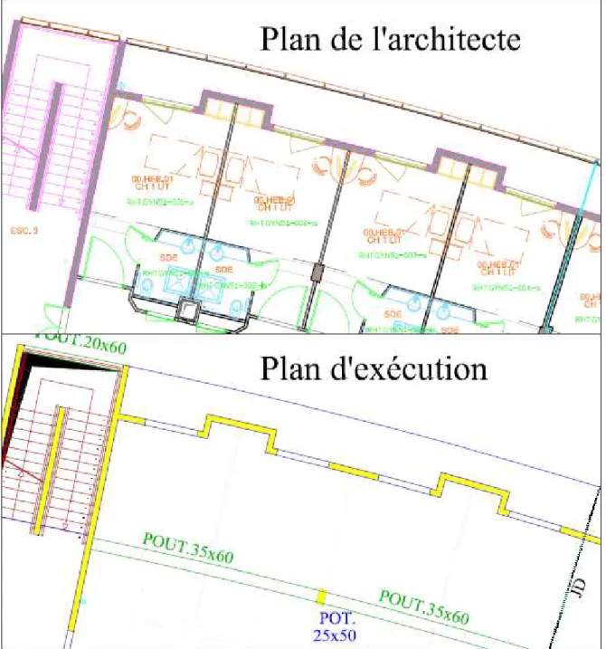 Figure 19 : détail des décrochés en façade sur les plans de l'architecte et d'exécution 