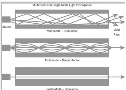 Figure 1-6. Schematic of light-ray propagation in multimode step-index, graded-index (b)  and  single-mode  optical  fiber