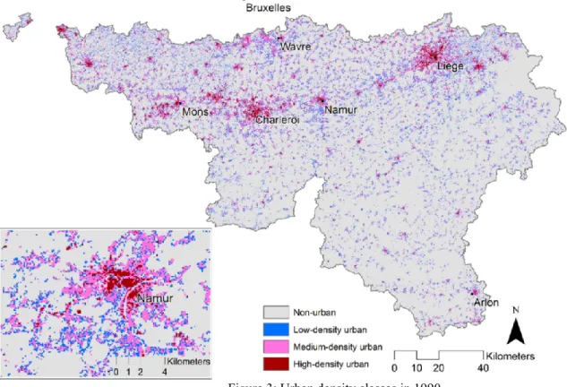 Figure 3 shows the spatial distribution pattern of density classes in 1990. High-density cells are  concentrated in existing metropolises, whereas medium-density cells tend to be located in their  surroundings and low-density lands are likely to be found i