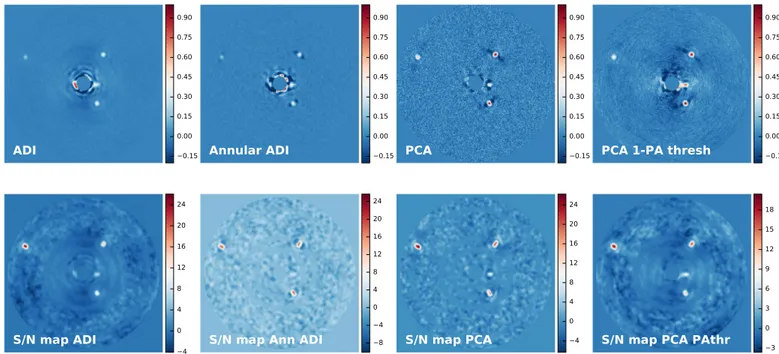 Figure 5. Post-processing ﬁ nal frames ( top row ) and their corresponding S / N maps ( bottom row ) for classical ADI, annular ADI, full-frame ADI-PCA, and full-frame ADI-PCA with a parallactic angle threshold