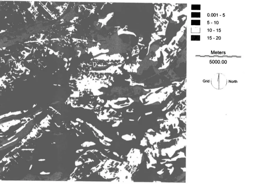 Figure 3.7 : Concentrations maximales de nitrates en mg/]  -_  0.001-5 _ 5-10 LJ 10 -15 _ 15-20  Meters  5000.00 Grid \-j -o