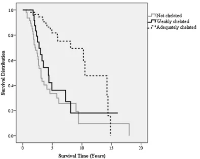 Fig. 4. Overall survival (OS) among non-chelated (n = 47) versus patients chelated > 6 months (n = 62)