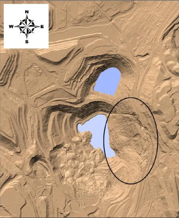 Figure 9 : Rupture du 12 juillet 2012 dans le mur est de la mine LAB Chrysotile à Black Lake 