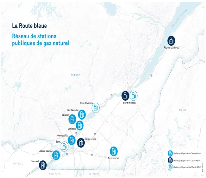 Figure 2.1 Réseau de stations publiques de GNL et GNC sur la Route bleue (tiré de : Énergir, 2017g)