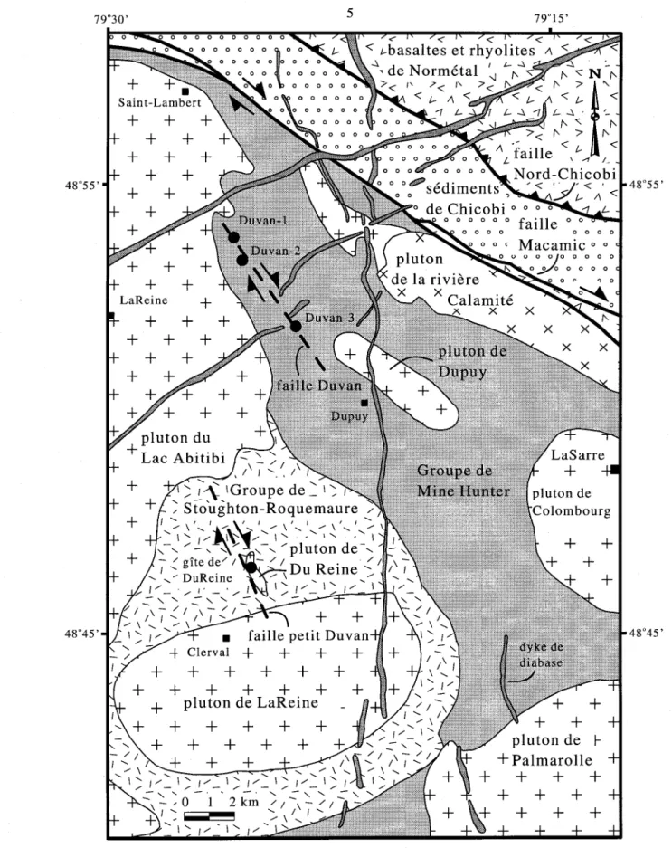 Figure 1.2 : Carte géologique de la région à l'ouest de LaSarre et localisation des  gîtes de Duvan et de  DuReine,  Modifiée de Lacroix (1995), 