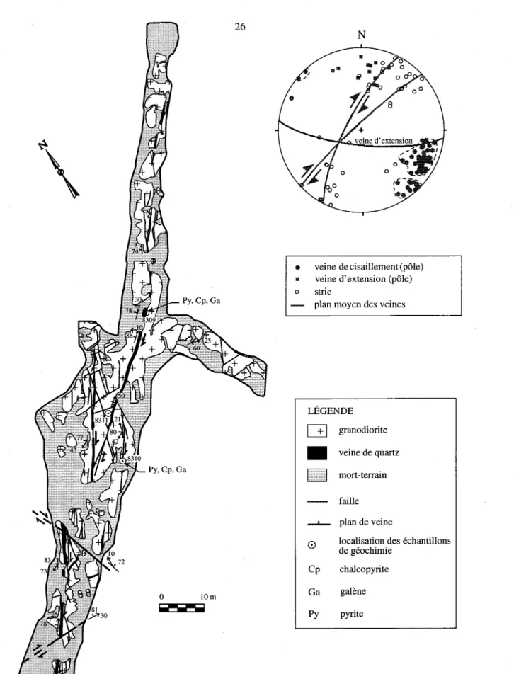 Figure 2.4.  Carte géologique détaillée des décapages  #  3 et  #  4, gîte de DuReine  (modifiée de Long,  1991)