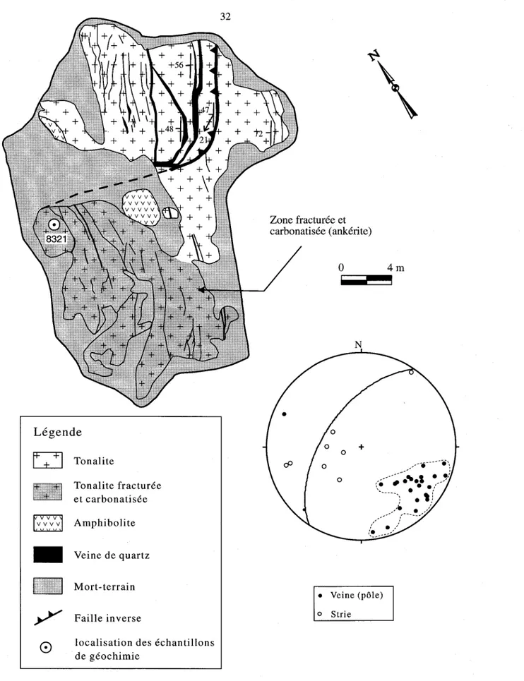 Figure 2.8.  Carte géologique détaillée du décapage # 8, gîte de DuReine (modifiée de Long,  1991)