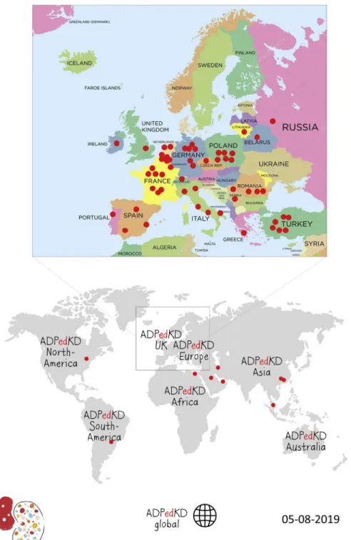 Figure 2. ADPedKD participating centers. Because inclusion of new centers is continuously growing, we mentioned the last date of production.