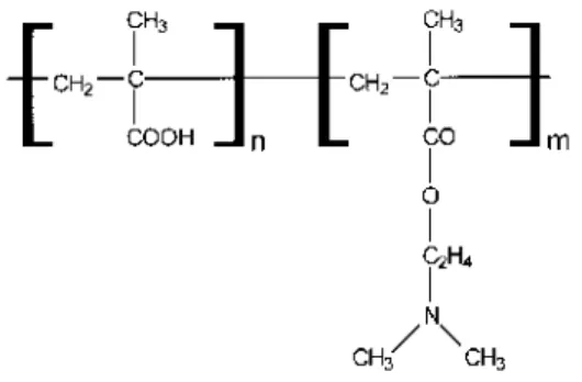 Fig. 1 Schematic drawing of the structural units of the polyampho-lyte: poly (methacrylic acid) left and poly((dimethylamino)ethyl methacrylate) right