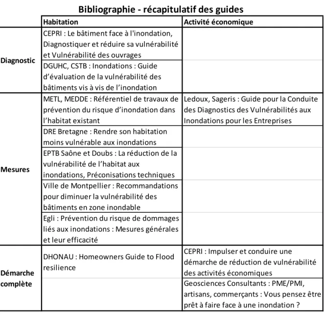 Tableau 1 : Tableau récapitulatif des guides et des retours d'expérience 