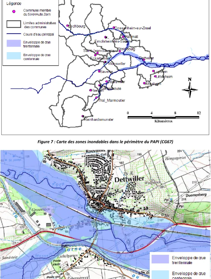 Figure 8 : Représentation des enveloppes des crues trentennales et centennales à Dettwiller (CG67)  D’une façon générale, les crues de la Zorn s’appréhendent beaucoup plus en termes d’extension, de  hauteur d’eau et de durée de submersion que de débit ou v