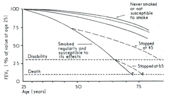 Figure B - Risks of mortality for various men if they smoke and the effects that  smoking and stopping smoking can have on FEVi 