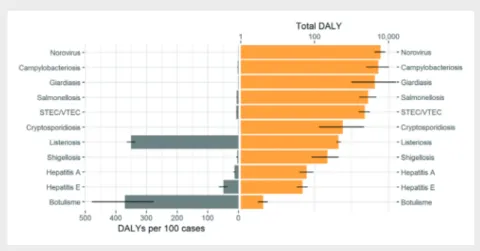 Figure 2 |   Classement des pathogènes liés selon le poids de la maladie estimée  dans la population (DALY/an) et au niveau individuel (DALY/100 cas) sur  la période 2013-2016
