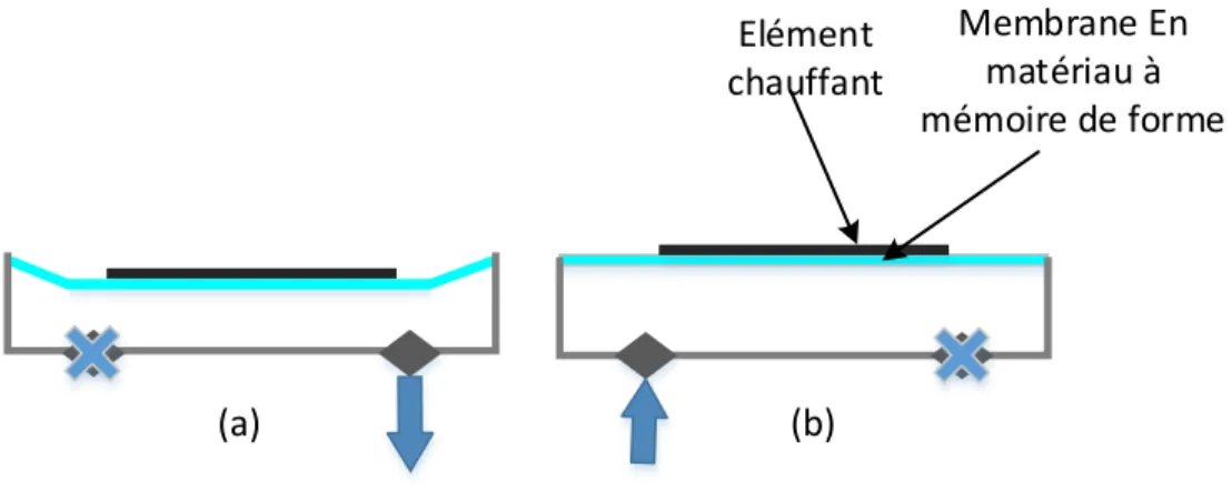 Figure 1.9 – Micropompe à actionnement TH avec matériau à mémoire de forme. (a) état initial de la membrane (déformée), élément chauffant non excité